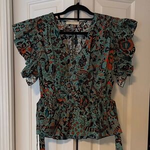 Ulla Johnson Teal and Orange Floral Blouse